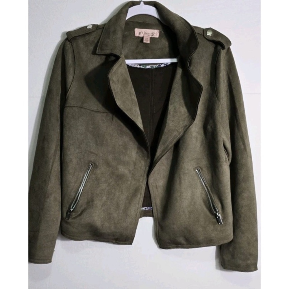 Philosophy Olive Faux leather. open moto Jacket with zipper pockets